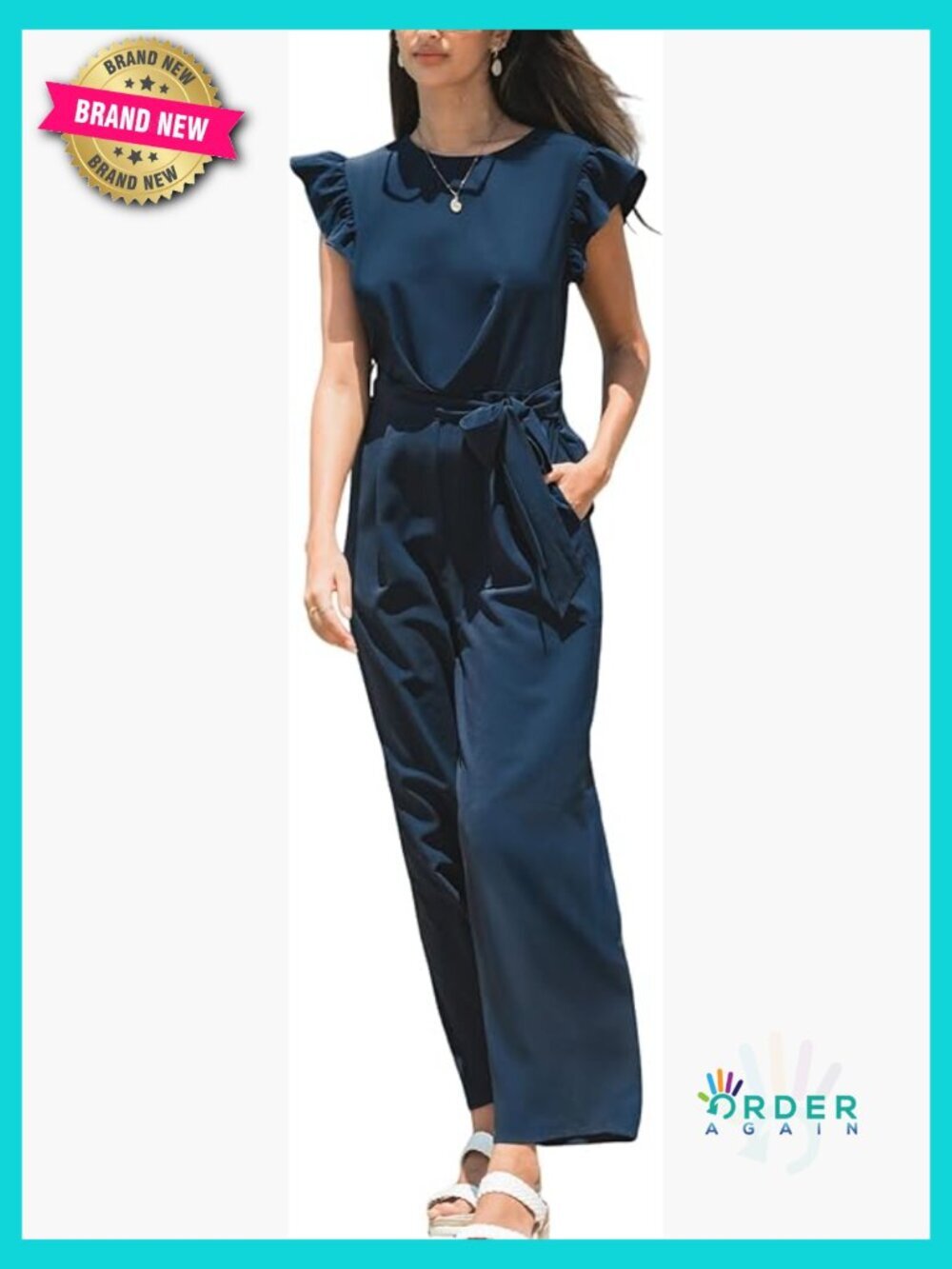 Crew Neck Short Sleeve Wide Leg Jumpsuit with Pockets Casual